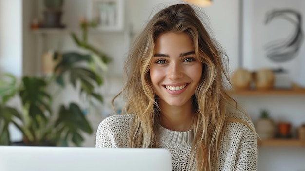 Chic simplistic studio images of a joyful lady sprawling over a sofa with a laptop Generative AI