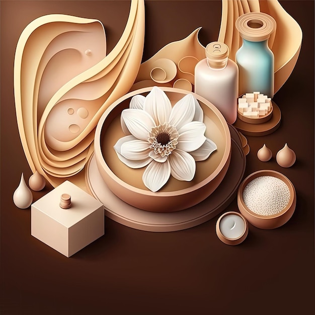 A chic spa illustration on a brown backdrop Ideal for wellness relaxation and beautyrelated projects The tranquil ambiance is created by the serene hues and natural components Ai generated