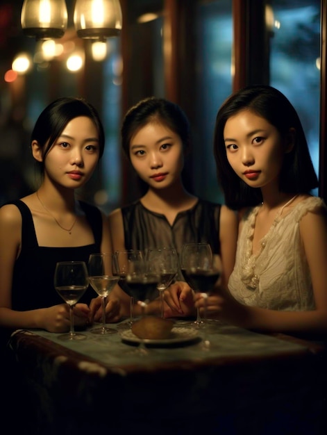 Chic and Stylish Asian Girls Relaxing with Wine and Gourmet Cuisine generated by AI