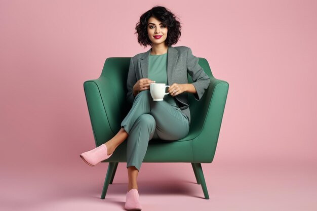 Chic and Stylish BobHaired Millennial Lady Sipping A Drink in an Elegant Green and Grey Outfit F