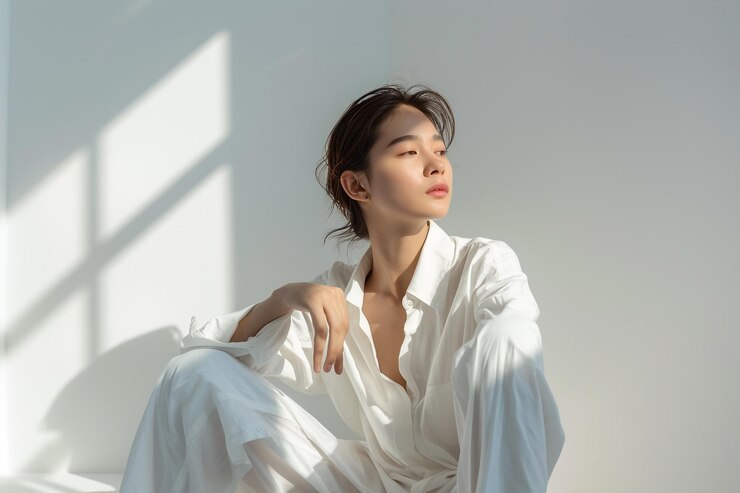 미니멀한 스튜디오 환경에서 아름다운 여성 모델에 의해 멋지고 세련된 패션 룩