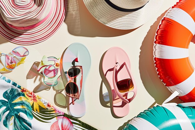 Chic Summer Essentials Trendy flip flops oversized sun hats and stylish sunglasses arranged artistically alongside beach towels and floaties evoking the fashionable spirit of summer