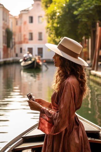 a chic tourist girl taking a photo of Venice canals