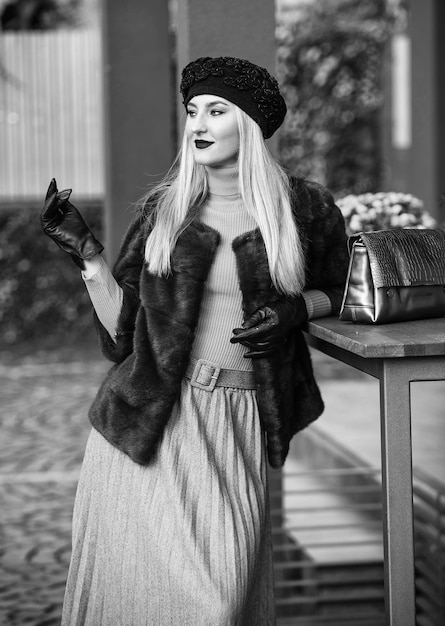 Chic and trendy matching different textures outfit fashion and\
beauty autumn outfit elegant woman wear fur coat vogue concept\
french style outfit gorgeous model beautiful winter outfit