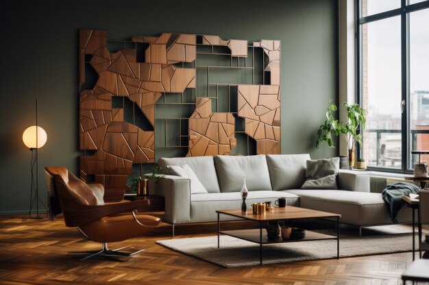 고급스러운 도시 아파트에서 창의적인 방 분할기는 금속과 나무의 기하학적 패턴을 보여줍니다.