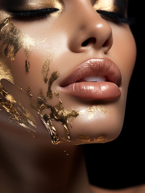 Foto chic vrouw vloeibare make-up goud ai gegenereerd