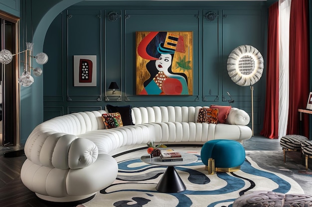 Chic white curved tufted sofa and pouf against teal classic wall panels with vibrant colorful art