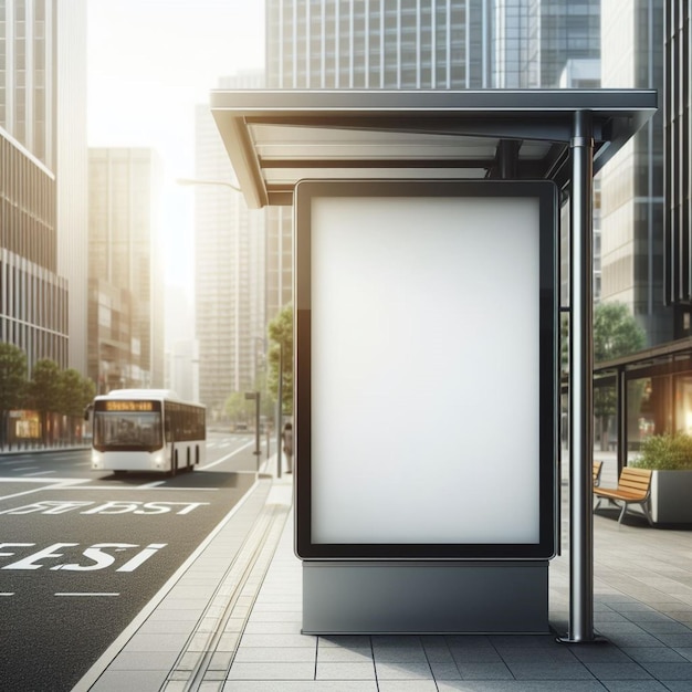 chic white poster mockup against a bustling urban bus stop ideal for trendy promotions