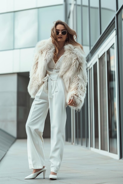 Photo chic woman in elegant white fur coat and trendy outfit on city street