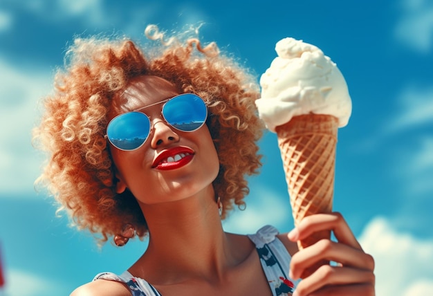 Foto una donna chic con gli occhiali da sole che assapora un gelato durante la stagione estiva generata dall'ai
