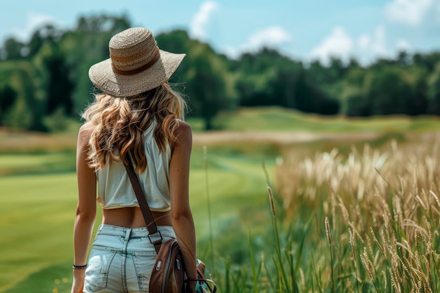 Chic zomergolfvrouw die stijlvol loopt met een zak met clubs op een weelderige groene golfbaan