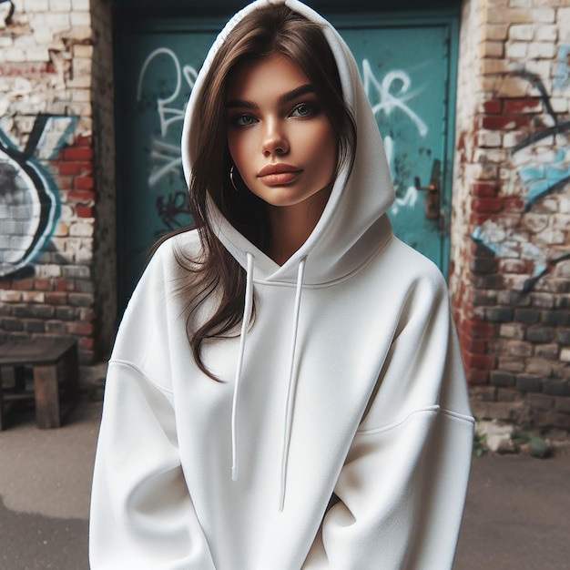 chica con sudadera blanca en la calle