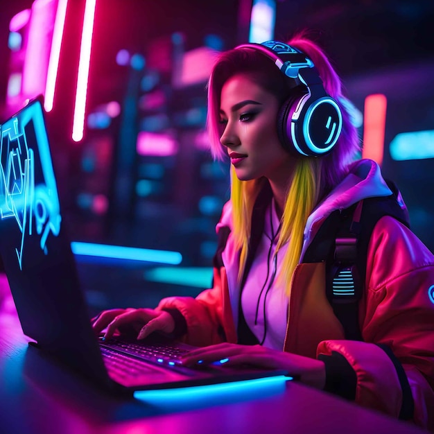 Photo chica gamer con laptop y audifonos de frentes onriupscaled