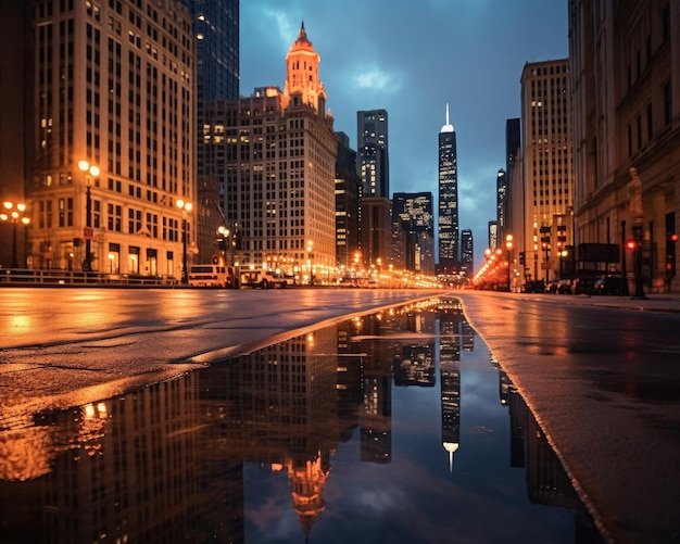 Горизонт Чикаго драматический закат в центре города
