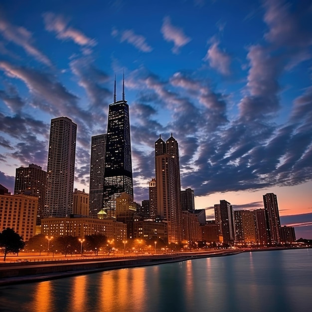 Chicago city skyline dramatic sunset on the downtown