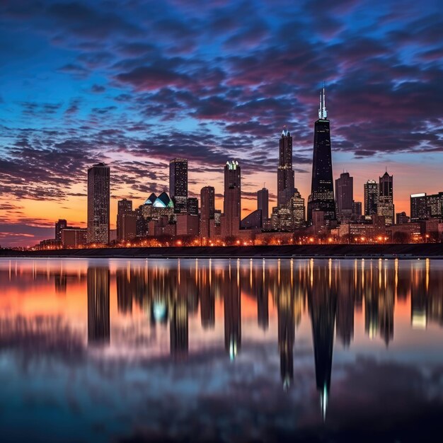 Chicago city skyline dramatic sunset on the downtown