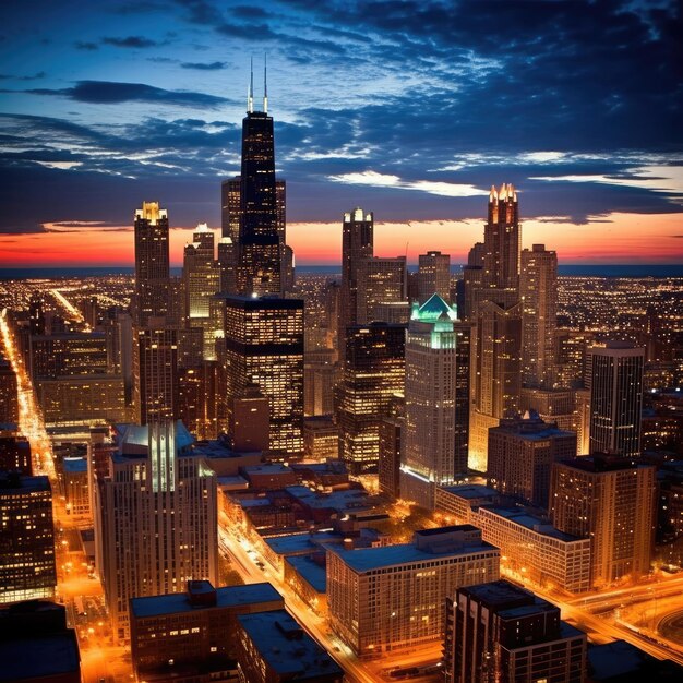 Photo chicago city skyline dramatic sunset on the downtown