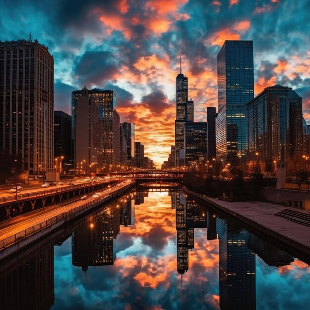 Photo chicago city skyline dramatic sunset on the downtown