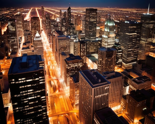 Chicago city skyline dramatic sunset on the downtown