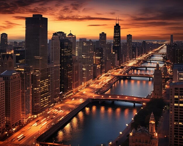 Photo chicago city skyline dramatic sunset on the downtown