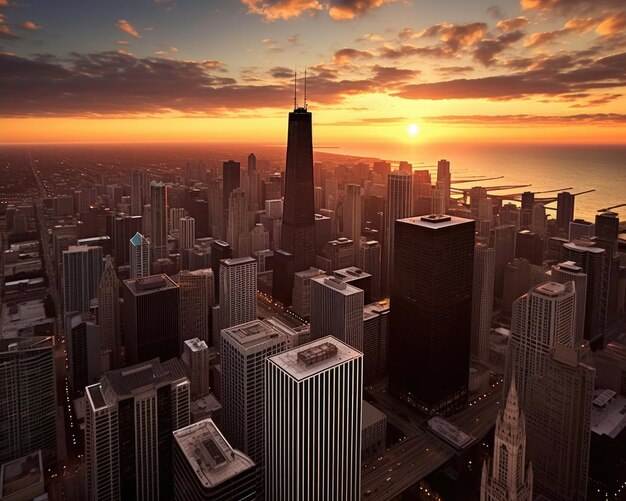 Городской горизонт Чикаго драматический закат в центре города
