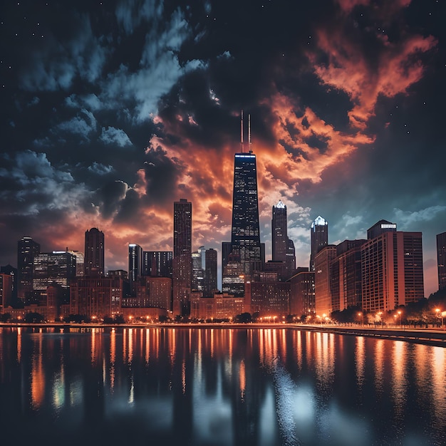 Chicago city skyline at night made with generative ai