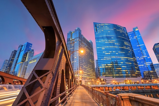 Chicago downtown and Chicago River at night.