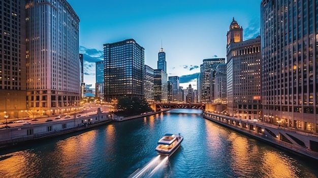 Chicago downtown skyline at dusk Illinois United States of America Generative AI