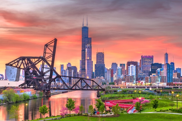 Chicago illinois usa park en skyline van de binnenstad