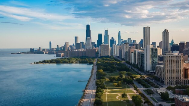 사진 시카고 스카이 라인 (chicago skyline) 은 미시간 호수 (lake michigan) 와 시카고 시내 (city of chicago) 에서 볼 수 있는 드론 전망이다.