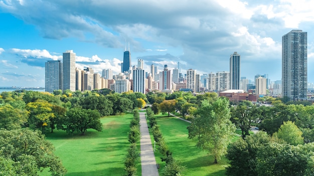 Chicago skyline aerial drone view from above, lake Michigan and city of Chicago downtown skyscrapers cityscape bird's view from Lincoln park, Illinois, USA