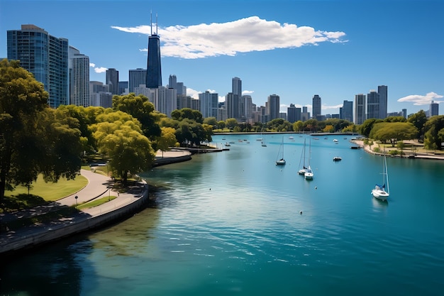 Photo chicago skyline aerial drone view from above lake michigan and city of chicago downtown