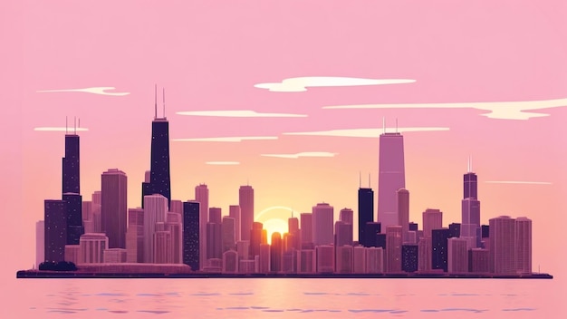 Chicago skyline bij zonsondergang Rose Radiance Vector Illustratie