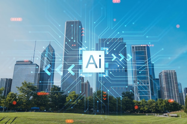 Горизонт Чикаго Батлер Филд в сторону финансового района небоскребов дневное время Иллинойс США Парки и сады Концепция искусственного интеллекта ИИ машинное обучение нейронная сеть робототехника