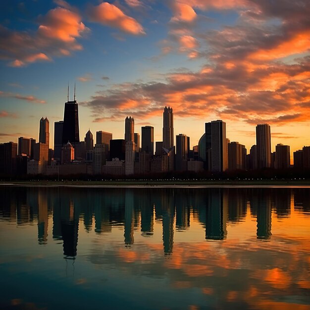 Chicago skyline dramatische zonsondergang op de binnenstad