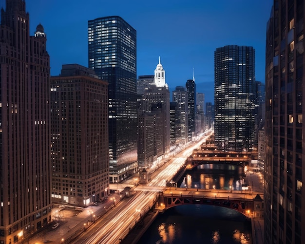 Chicago skyline dramatische zonsondergang op de binnenstad