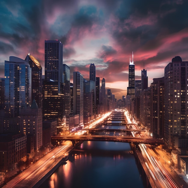 Chicago skyline at dusk with the Willis Tower prominently featured made with generative ai