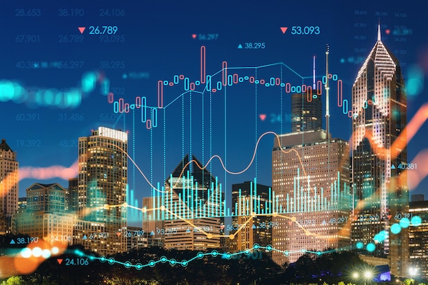 Chicago skyline from Butler Field to financial district skyscrapers night time Illinois USA Park gardens Forex graph hologram The concept of internet trading brokerage and fundamental analysis