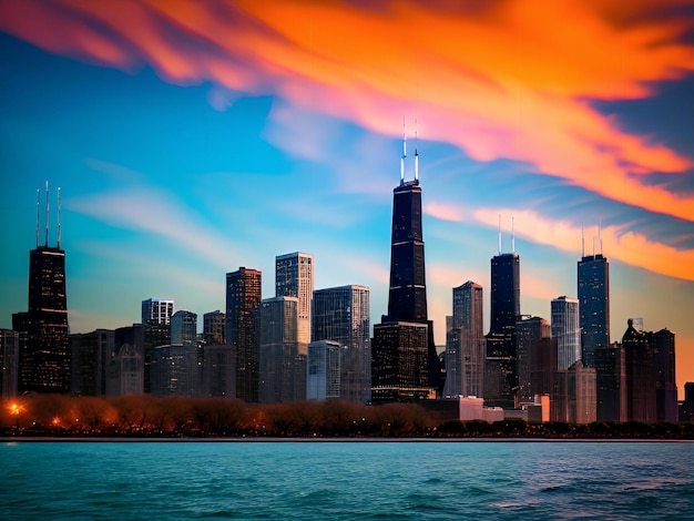 The Chicago skyline A majestic Chicago skyline that towers over Lake Michigan