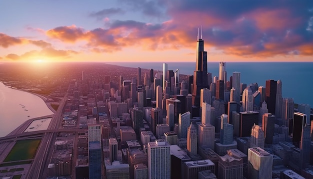 Chicago skyline photo aerial view of the city with most unique perspective