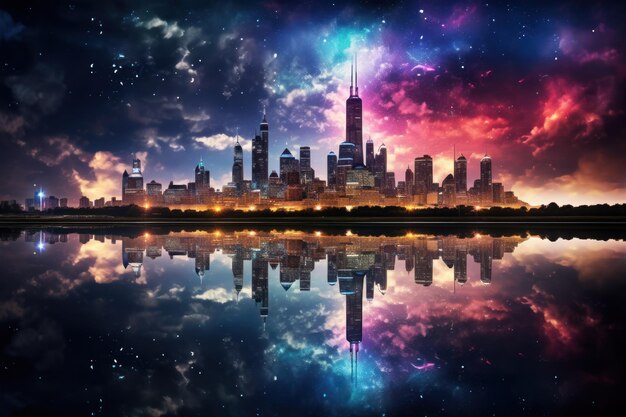 Chicago skyline reflected in sky after a storm at night time
