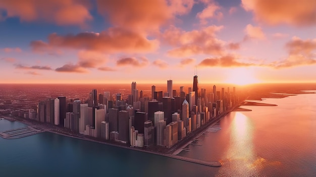 Chicago skyline at sunset Generative AI