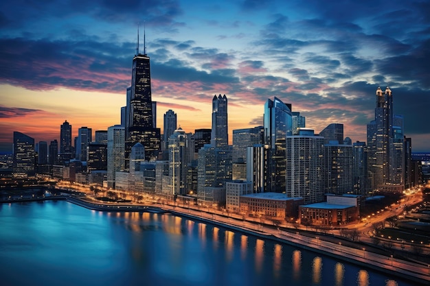 Chicago skyline at sunset Illinois United States of America USA Chicago skyline aerial drone view from above AI Generated