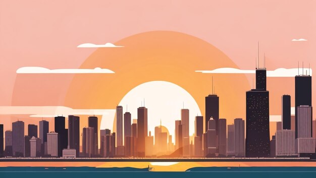 Chicago Skyline at Sunset Vector Minty Serenity