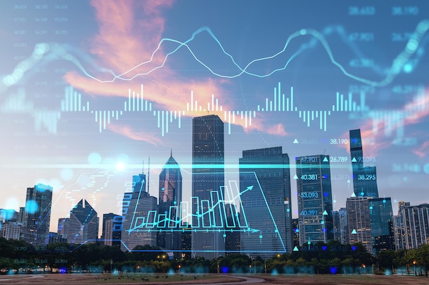 Chicago skyline van Butler Field naar financiële district wolkenkrabbers bij zonsondergang Illinois USA parken tuinen Forex grafiek hologram Het concept van internet trading brokerage en fundamentele analyse