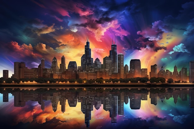 Chicago stadsgezicht met kleurrijke wolken reflectie