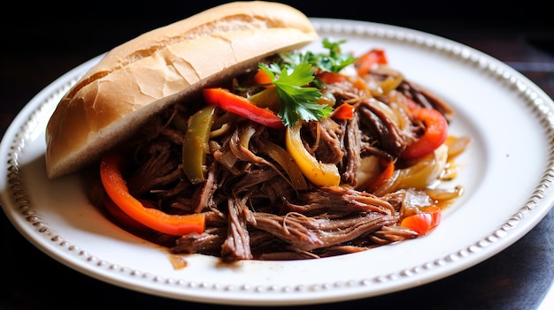 Photo chicagostyle italian beef thinsliced beef in broth on a roll