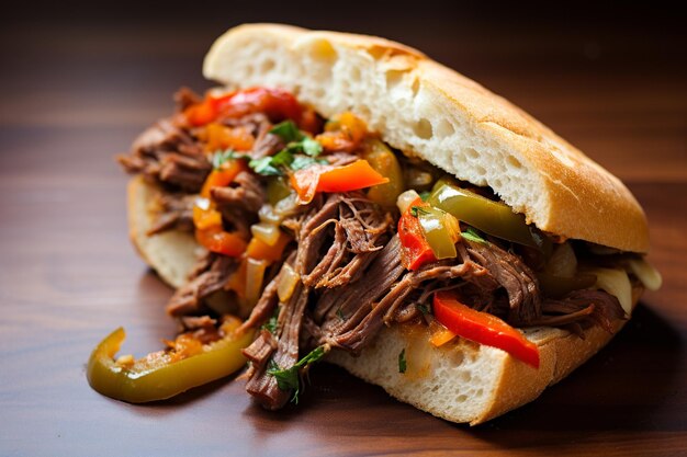 Photo chicagostyle italian beef thinsliced beef in broth on a roll