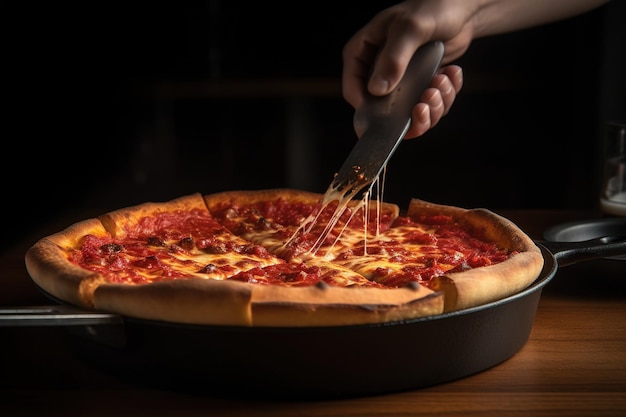 Пицца по-чикагски нарезана на ломтики и подается на тарелке. Пицца наполнена томатным соусом.