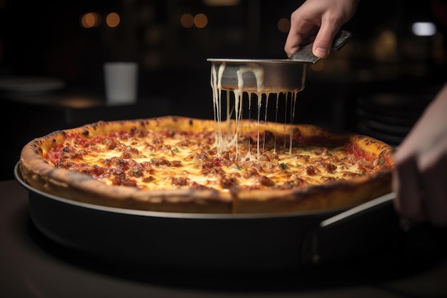 Пицца по-чикагски нарезана на ломтики и подается на тарелке. Пицца наполнена томатным соусом.